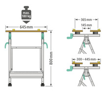 Afmetingen en maximale belasting van de werkbank weergegeven.