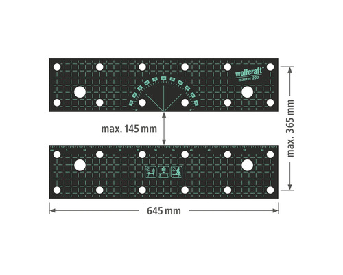 Wolfcraft Master 200 werkbankblad met de afmetingen maximaal 365 bij 645 millimeter en een maximale spanwijdte van 145 millimeter