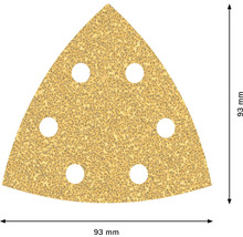 Driehoekig schuurpapier met een randlengte van 93 mm en zes gaten