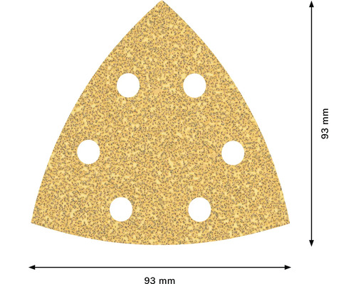 Driehoekig schuurpapier met een randlengte van 93 mm en zes gaten
