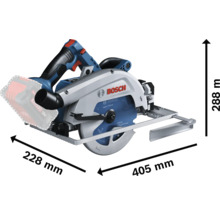 Bosch accu-cirkelzaag 18 volt, blauw zilver, Bosch Logo, 405 millimeter lengte, 288 millimeter hoogte en 228 millimeter breedte.
