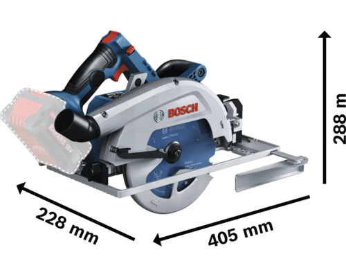 Bosch accu-cirkelzaag 18 volt, blauw zilver, Bosch Logo, 405 millimeter lengte, 288 millimeter hoogte en 228 millimeter breedte.