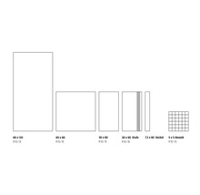 Diverse tegelafmetingen: 60 x 120, 60 x 60, 30 x 60, 30 x 60 trede, 7,2 x 60 plint, 5 x 5 mozaïek