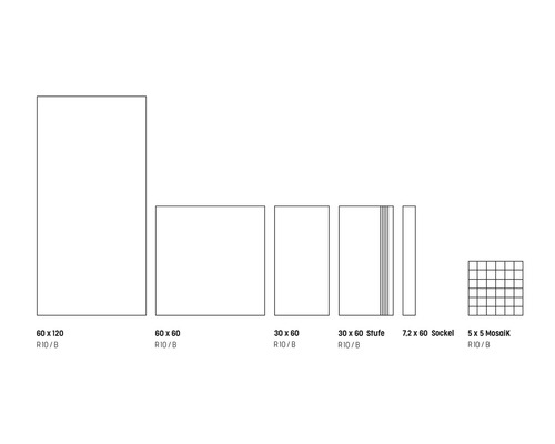 Diverse tegelafmetingen: 60 x 120, 60 x 60, 30 x 60, 30 x 60 trede, 7,2 x 60 plint, 5 x 5 mozaïek