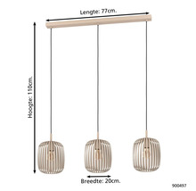 Hanglamp met drie lampenkappen en de afmetingen 77 bij 20 bij 110 centimeter