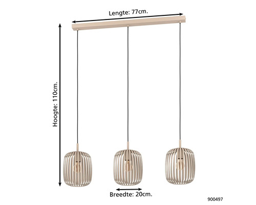 Hanglamp met drie lampenkappen en de afmetingen 77 bij 20 bij 110 centimeter