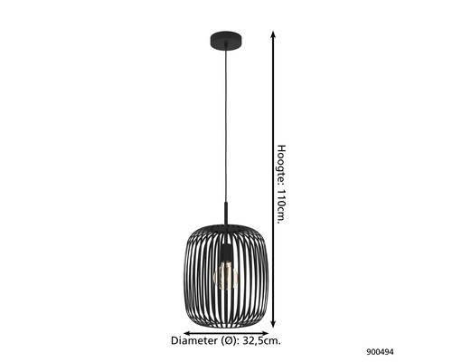 Hanglamp met een diameter van 32,5 cm en een hoogte van 110 cm.