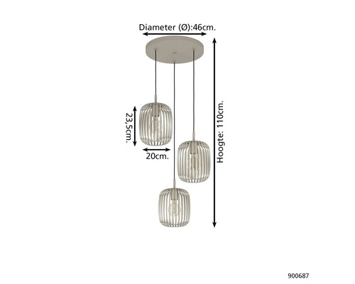 Hanglamp met drie lampen, diameter 46 cm, hoogte 110 cm