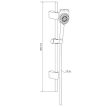 Tekening van een doucheset met een lengte van 660 mm en een douchekop met een diameter van 100 mm, en een slang van 1,5 m lang.