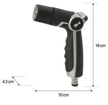 Tuinspuit met afmetingen: 18 cm hoog, 10 cm lang en 4,3 cm breed