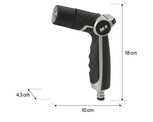 Tuinspuit met afmetingen: 18 cm hoog, 10 cm lang en 4,3 cm breed