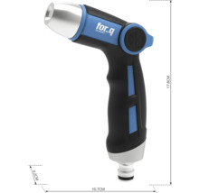 Tuinspuit van kunststof met for_q logo en maatvoering