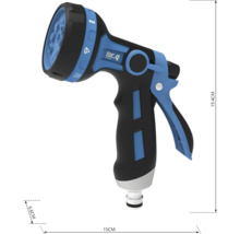 Tuinspuitpistool met verschillende straalsoorten en de afmetingen 19,4 cm hoogte, 15 cm lengte en 6,6 cm breedte.