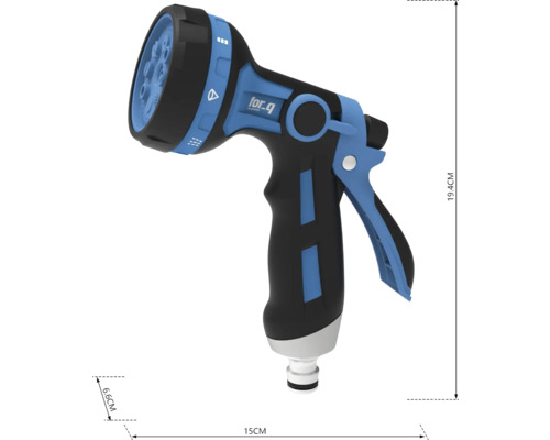 Tuinspuitpistool met verschillende straalsoorten en de afmetingen 19,4 cm hoogte, 15 cm lengte en 6,6 cm breedte.