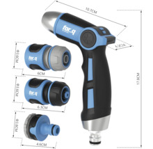 Tuinspuit met diverse aansluitstukken en afmetingen