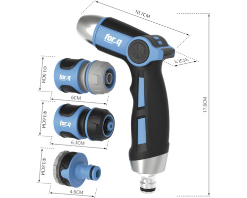Tuinspuit met diverse aansluitstukken en afmetingen