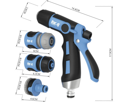 For Q Logo tuinspuit met aansluitstukken en afmetingen