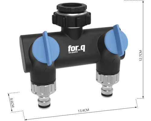 for_q waterverdeler met afmetingen 13,4 x 8,6 x 12,7 cm
