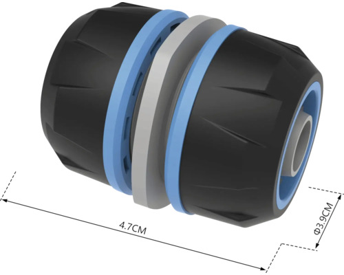Tuinslangconnector met afmetingen van 4,7 cm lang en 3,9 cm diameter