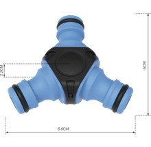 Tuinslangkoppeling Y-stuk met afmetingen 6 x 6,6 x 2,2 cm
