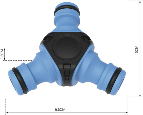 Tuinslangkoppeling Y-stuk met afmetingen 6 x 6,6 x 2,2 cm