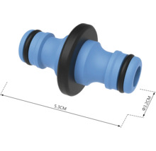 Tuinslangconnector met afmetingen van 5,3 cm lengte en 3,2 cm diameter