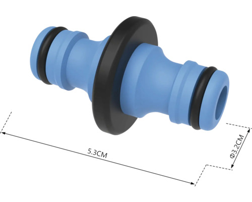 Tuinslangconnector met afmetingen van 5,3 cm lengte en 3,2 cm diameter
