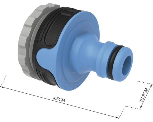 Tuinslangkoppeling met afmetingen van 4,6 cm lengte en 3,8 cm diameter