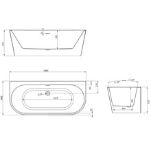 Technische tekening van een badkuip met maataanduidingen