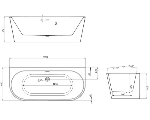 Technische tekening van een badkuip met maataanduidingen