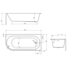 Technische tekening van een badkuip met afmetingen