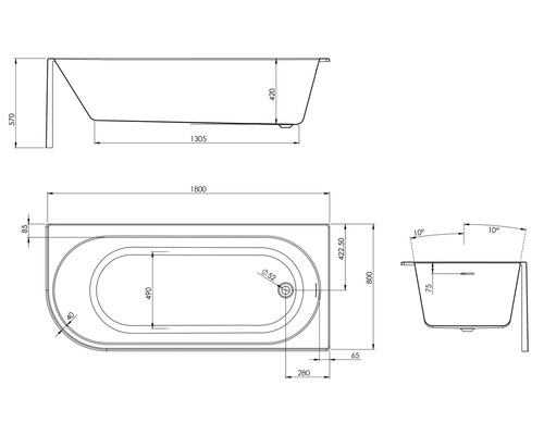 Technische tekening van een badkuip met afmetingen