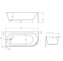 Technische tekening van een badkuip met afmetingen
