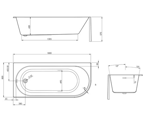 Technische tekening van een badkuip met afmetingen