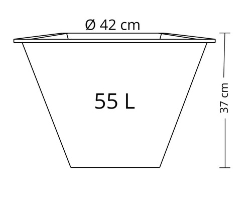 Technische tekening van een plantenbak van 55 liter met een diameter van 42 centimeter en een hoogte van 37 centimeter