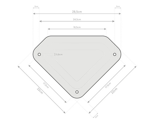 Afmetingen van een plaat met drie gaten en afgeronde hoeken