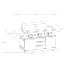 Technische tekening van een gasbarbecue met afmetingen.