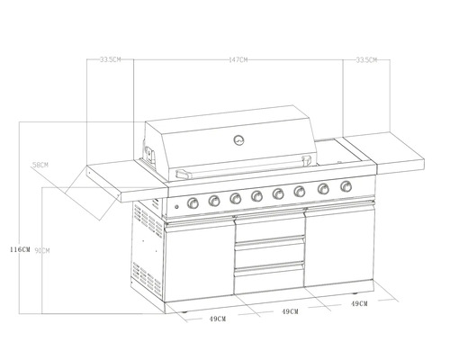 Technische tekening van een gasbarbecue met afmetingen.