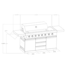 Technische tekening van een barbecue met maatvoering.