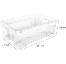 Kunststof opbergdoos met afmetingen 567 mm lang, 379 mm breed en 168 mm hoog.