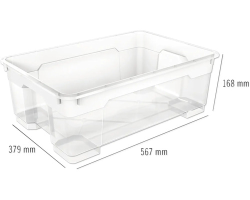Kunststof opbergdoos met afmetingen 567 mm lang, 379 mm breed en 168 mm hoog.