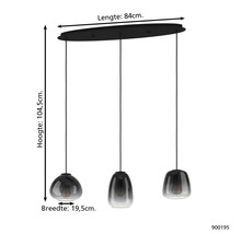 Afbeelding van een hanglamp met drie lampen en maatvoering
