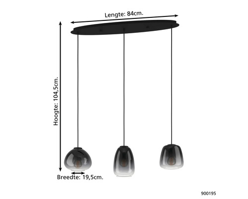 Afbeelding van een hanglamp met drie lampen en maatvoering