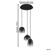 Hanglamp met drie lampen en een diameter van 43 centimeter en een hoogte van 110 centimeter.