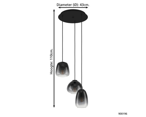 Hanglamp met drie lampen en een diameter van 43 centimeter en een hoogte van 110 centimeter.