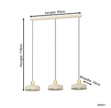 Hanglamp met drie lampenkappen en de afmetingen lengte 93 cm, hoogte 110 cm, breedte 23 cm
