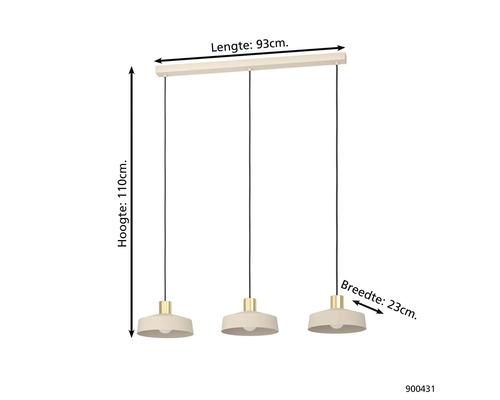 Hanglamp met drie lampenkappen en de afmetingen lengte 93 cm, hoogte 110 cm, breedte 23 cm