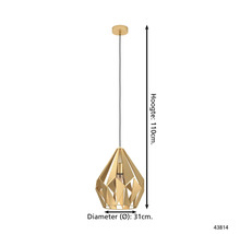 Goudkleurige hanglamp met een hoogte van 110 cm en een diameter van 31 cm