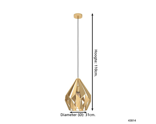 Goudkleurige hanglamp met een hoogte van 110 cm en een diameter van 31 cm