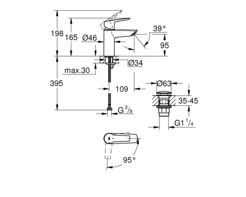 Technische tekening van een kraan met afmetingen